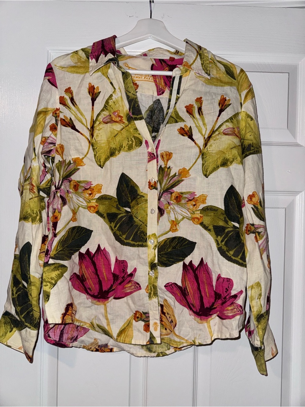 Tommy Bahama Linen Pink Floral Button-Down Shirt with Green Leaves